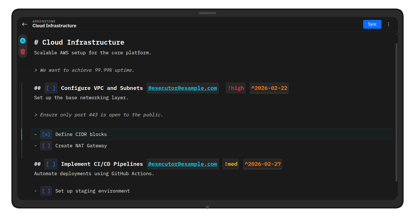 Arkenstone editor showing inline markdown project management with assignees, priority tags and date picker